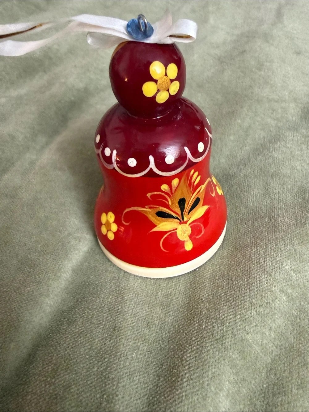 Vintage Hand-Painted Russian Roly Poly Doll Bell Ornament in Red and Gold #